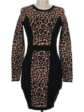Milly Long Sleeve Leopard Print Body con Dress. Size Medium.